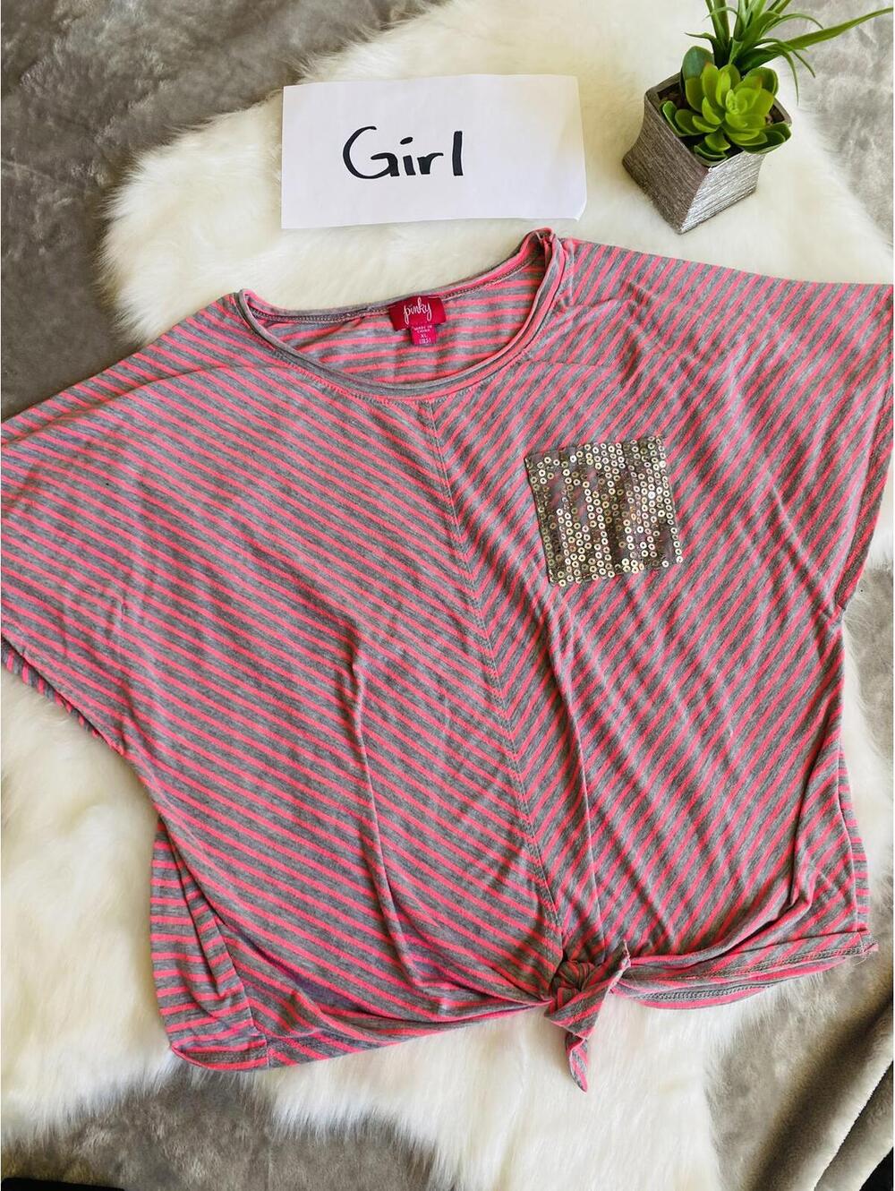 Girls Pink and Gray Striped Sequin Pocket Top Size XL